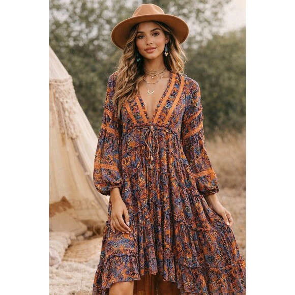 Free People Cassis Printed Chiffon Maxi Dress Floral Print Rust Combo M  Boho - mordernwear.com